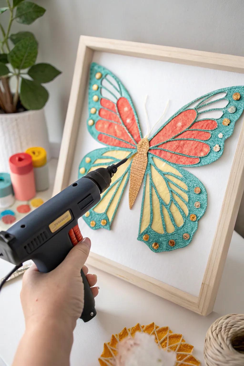Capture the vibrant elegance of nature with glue gun art, transforming simple materials into stunning butterfly wing details.