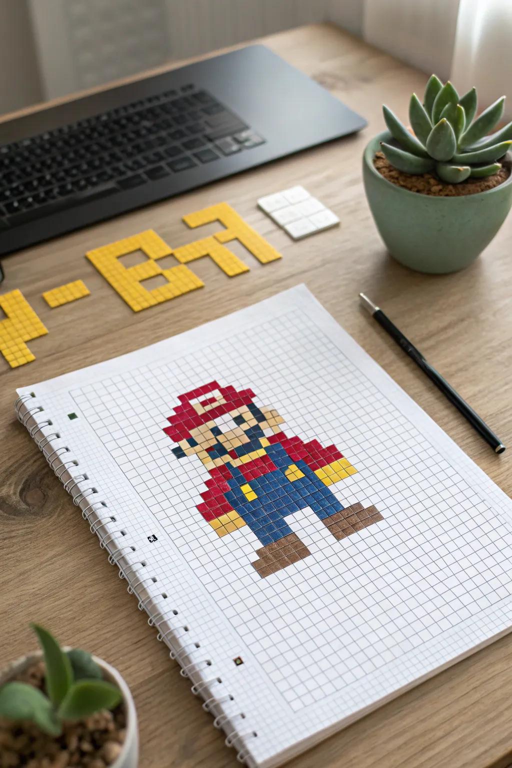 Nostalgia meets artistry: Bringing retro video game characters to life on graph paper.
