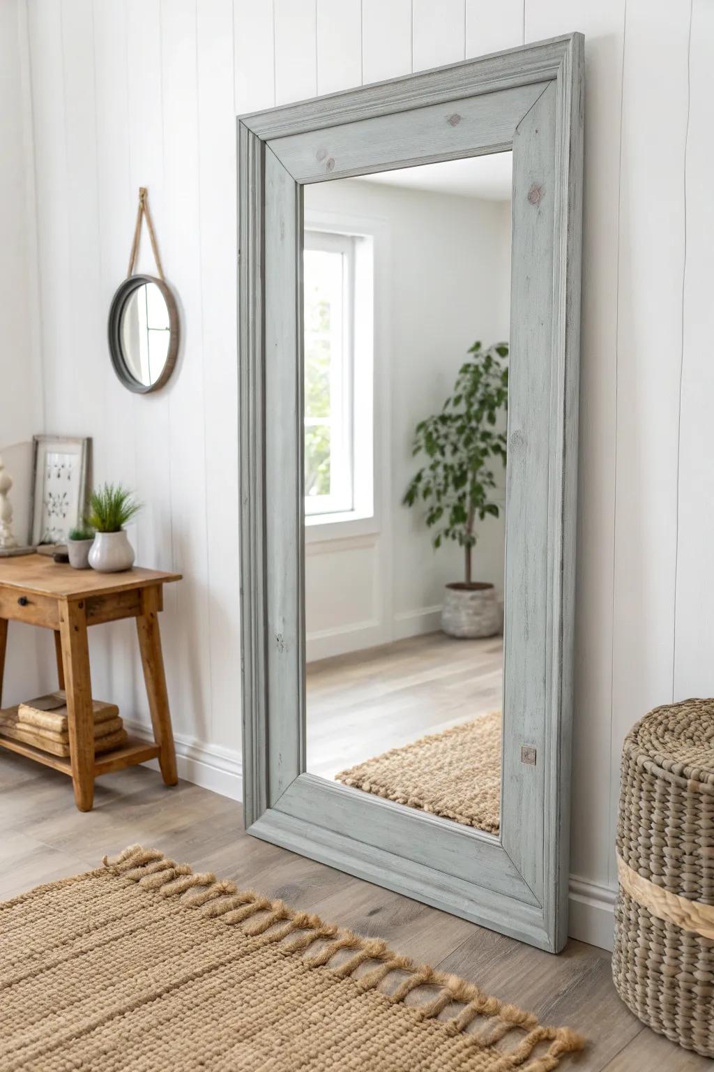 Elevate your space with the subtle elegance of a gray-painted mirror frame, blending Scandinavian minimalism with a Boho touch.