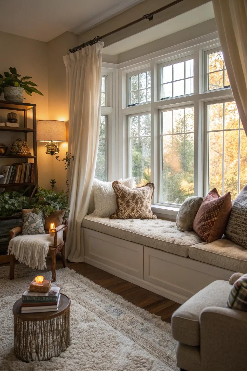 A comfortable window seat invites relaxation in this charming living room.