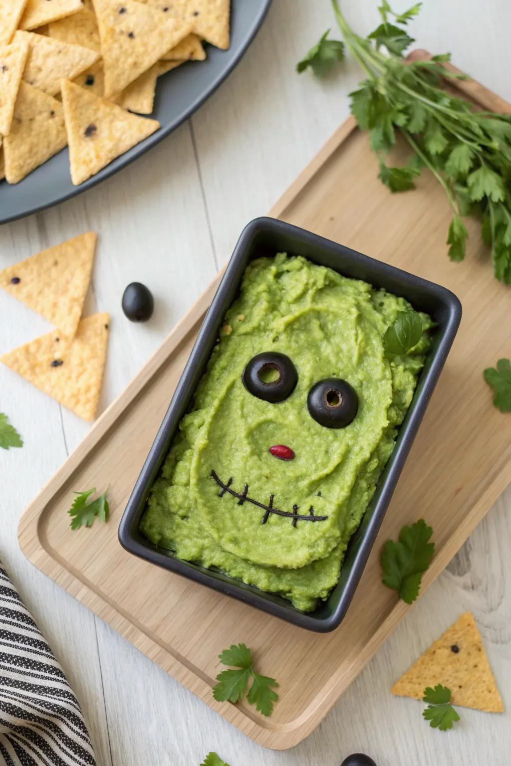Elevate your Halloween snack game with this Frankenstein's Guacamole masterpiece! 🎃🖤 #HalloweenSnacks #ScandiBohoStyle
