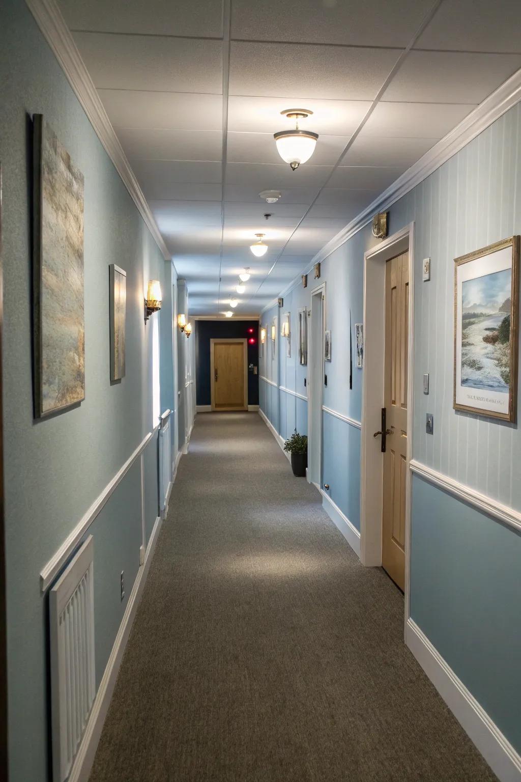 Muted blues offer a serene and calming touch to hallways.
