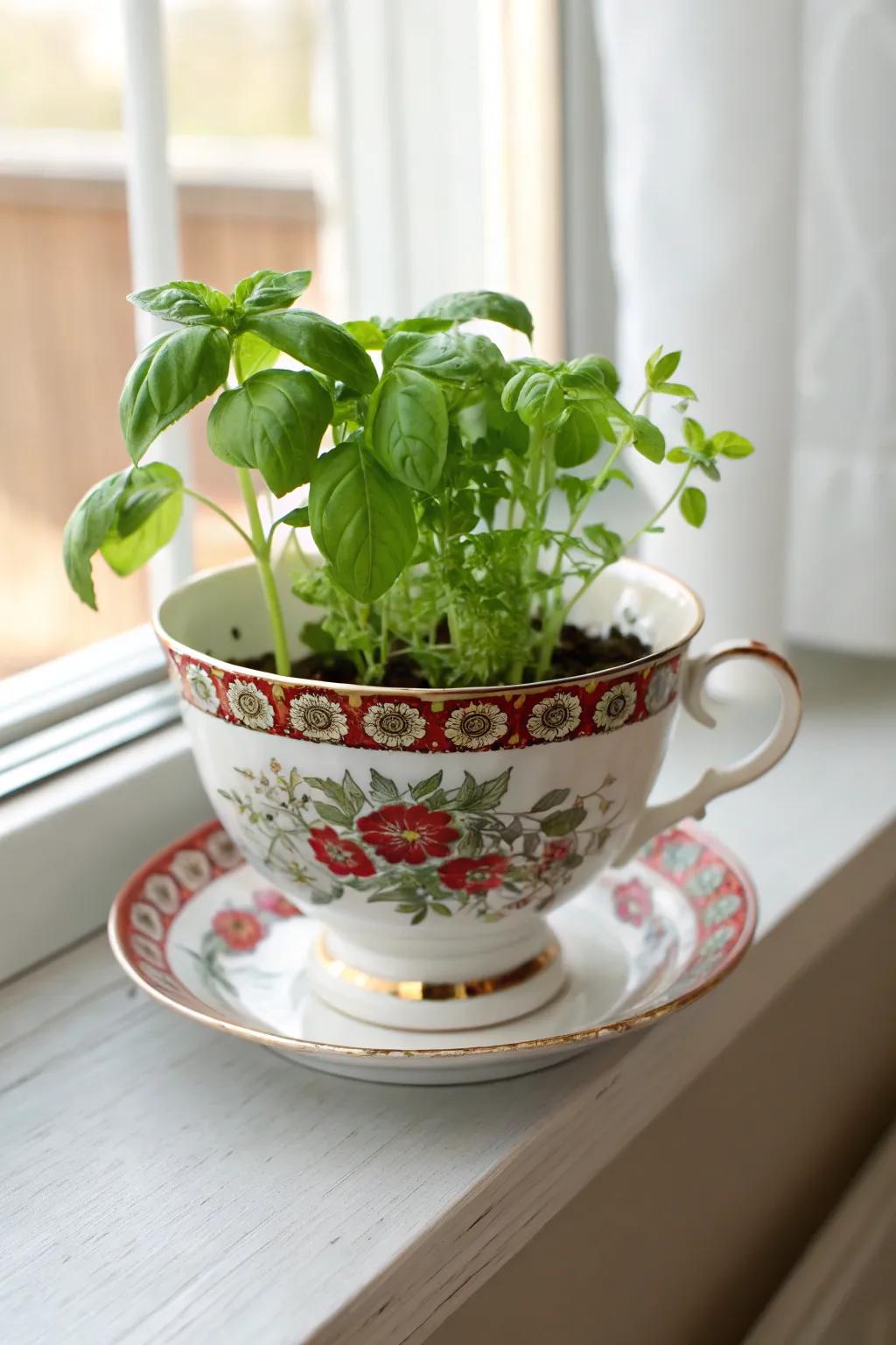 Breathe new life into old teacups with a charming herb garden display.
