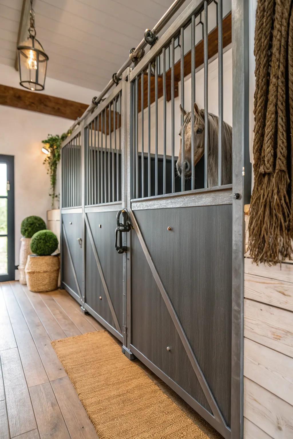 Elevate your stall design with sleek galvanized channels for a modern, minimalist touch.