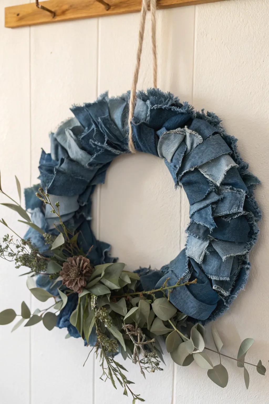 Transform your old jeans into a chic denim wreath—where rugged meets refined. #UpcycledDecor #ScandiBoho