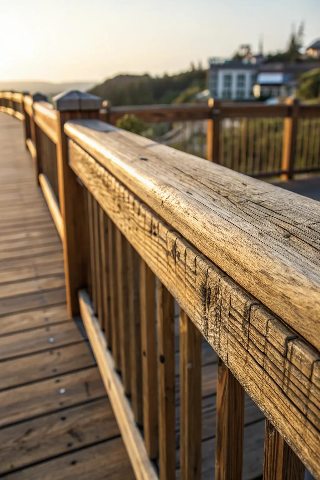 Embrace timeless elegance with weathered wood railing for a cozy, vintage deck aesthetic.