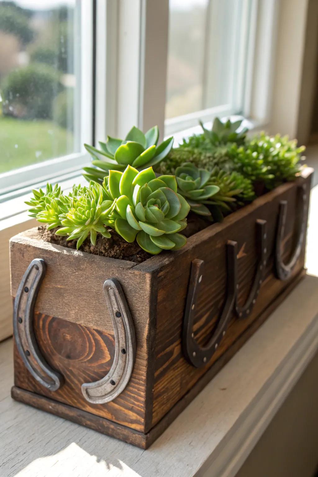 Elevate your space with this handcrafted horseshoe planter box, where rustic charm meets nature's green beauty.