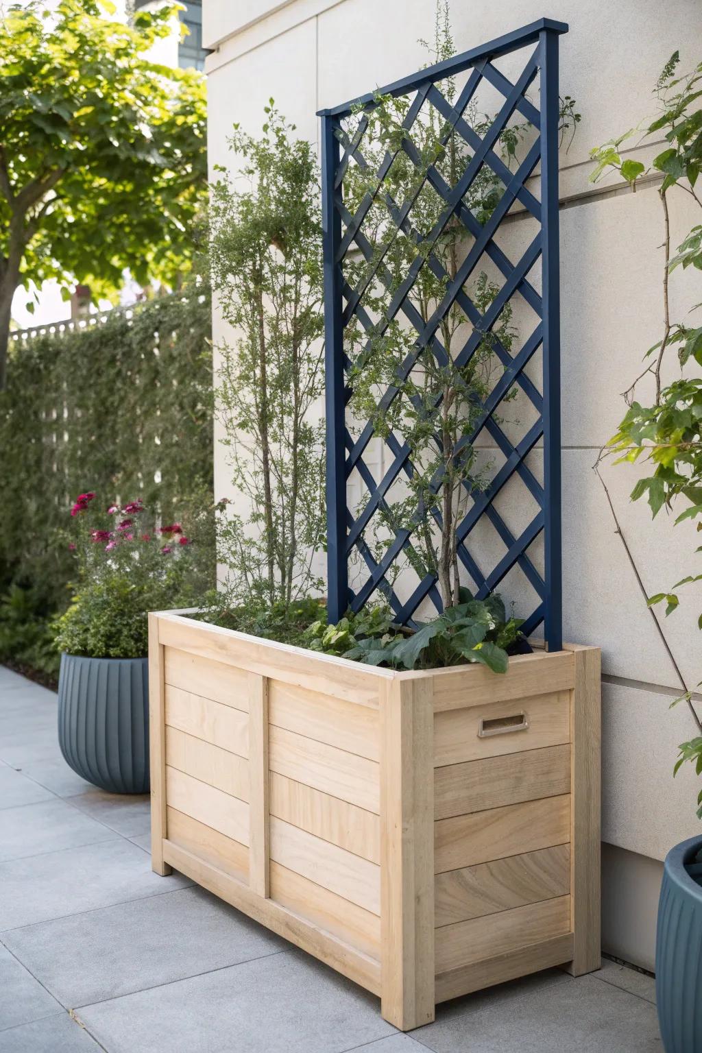 Transform your space with a minimalist planter and trellis: where natural beauty meets bold design.