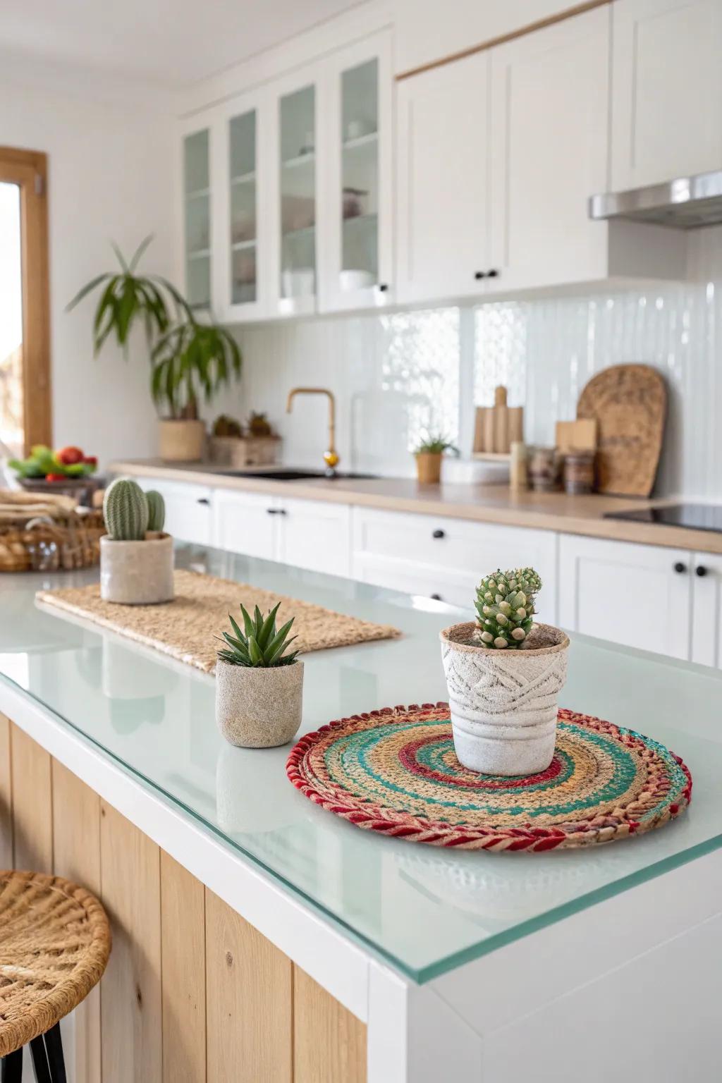 Elevate your kitchen's elegance with a chic glass overlay for that perfect blend of minimalist charm and boho flair.