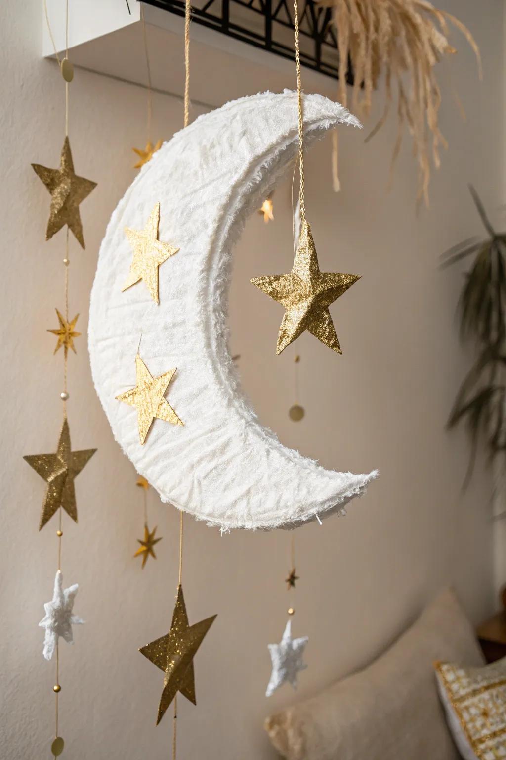 Craft a celestial centerpiece with this enchanting moon and stars pinata, perfect for adding a touch of magic to any gathering.
