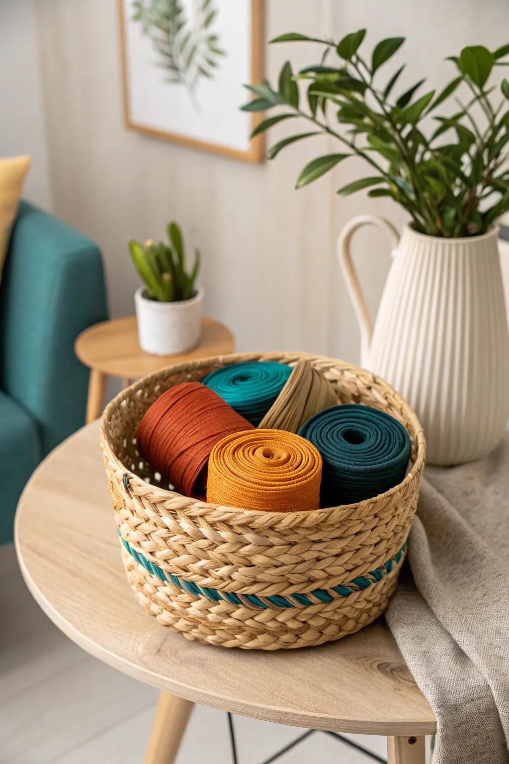 Organize in style: Transform your space with vibrant ribbons nestled in a chic wicker basket.