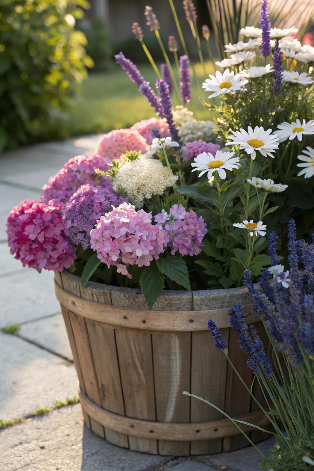 A charming cottage garden mix of hydrangeas, daisies, and lavender.