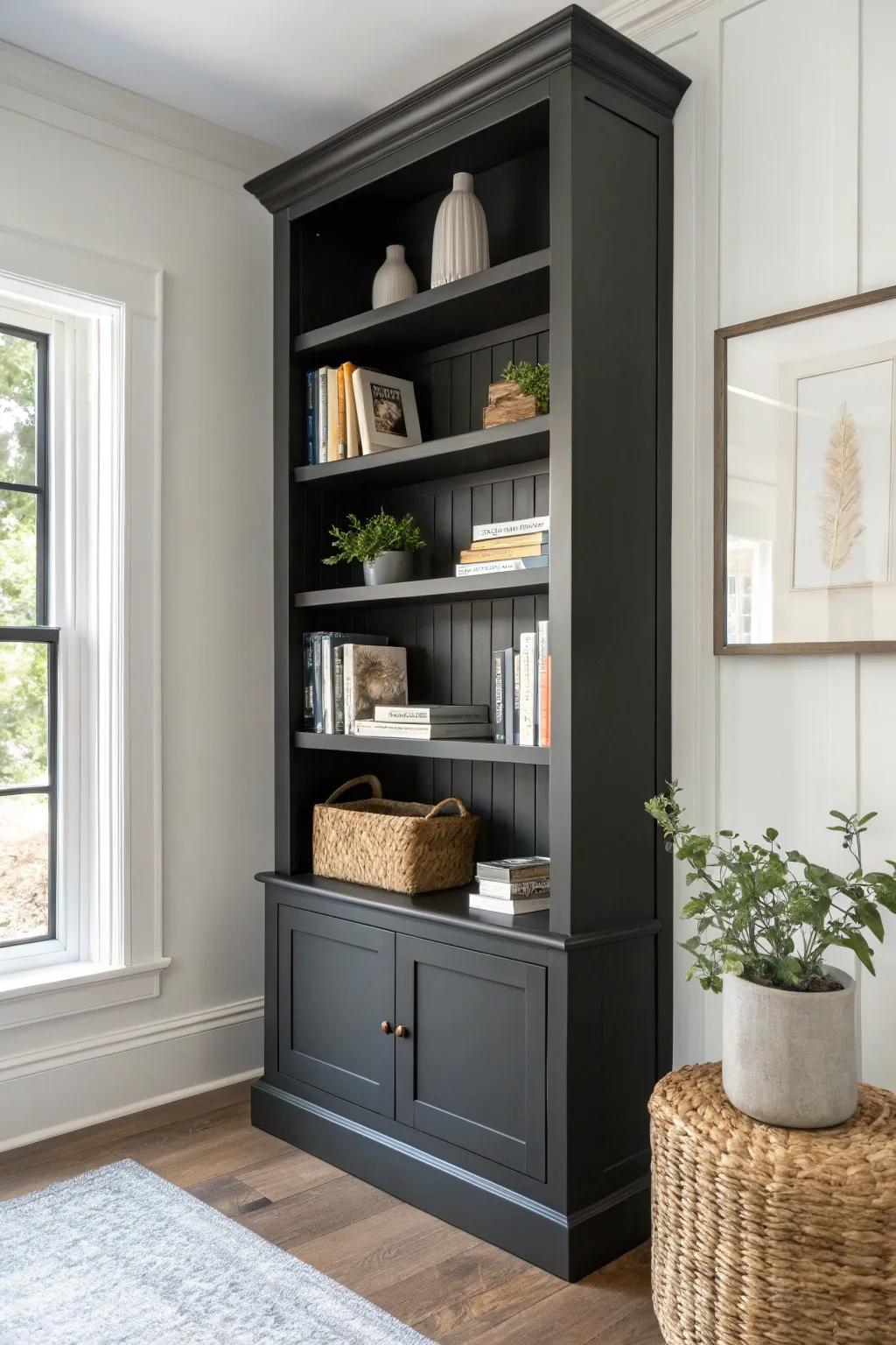 Embrace the drama: Transform your space with dark charcoal shelves.