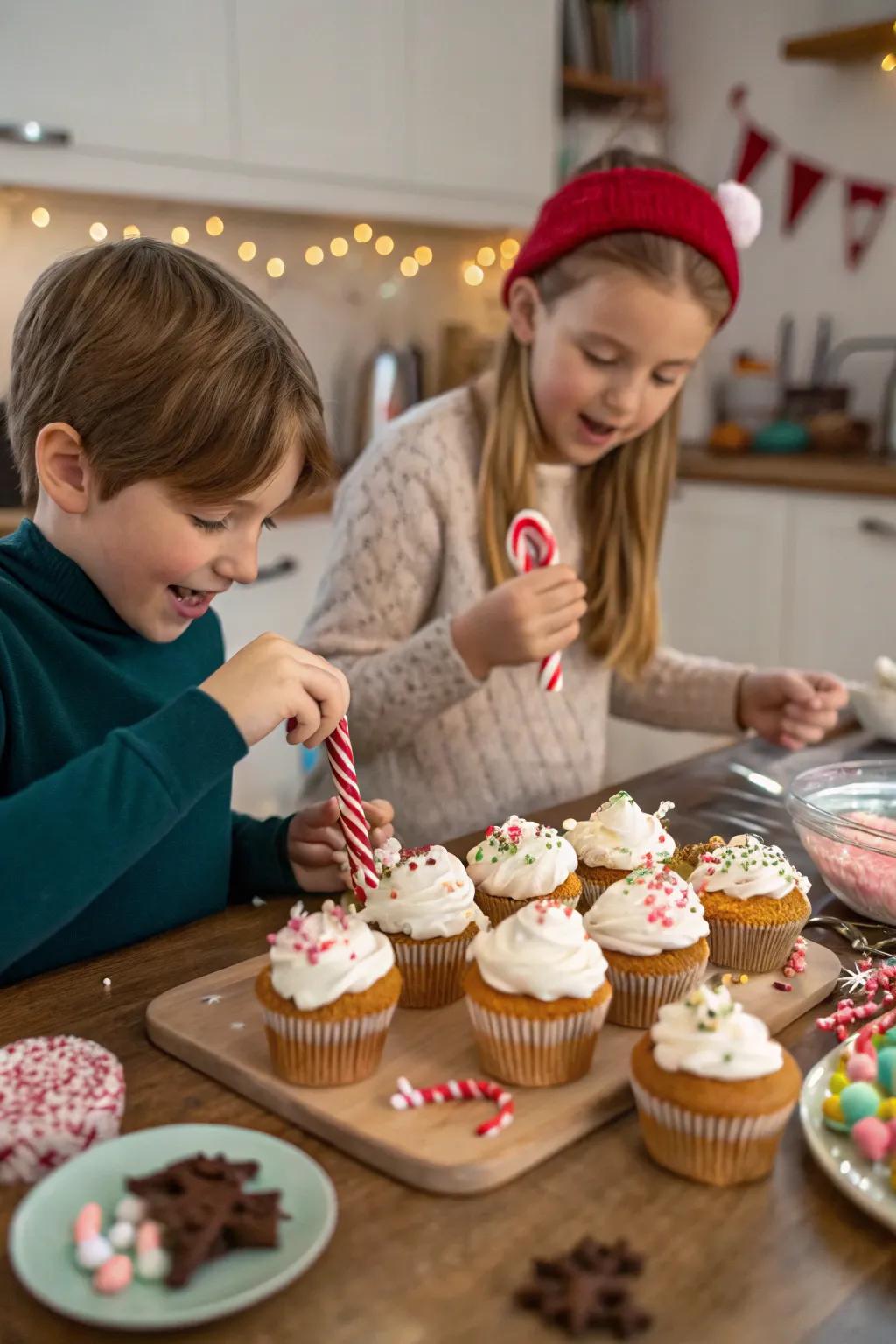 Kids creating their own winter-themed cupcakes at a decorating station.