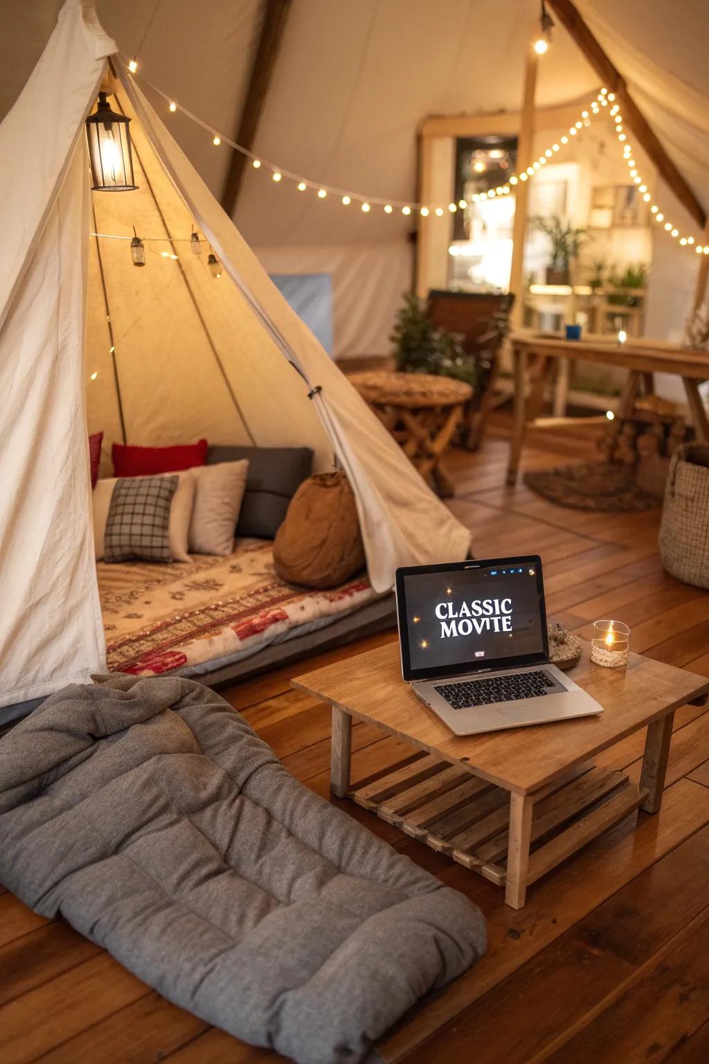 Experience the charm of indoor camping with a cozy movie night under the comfort of a handcrafted tent.