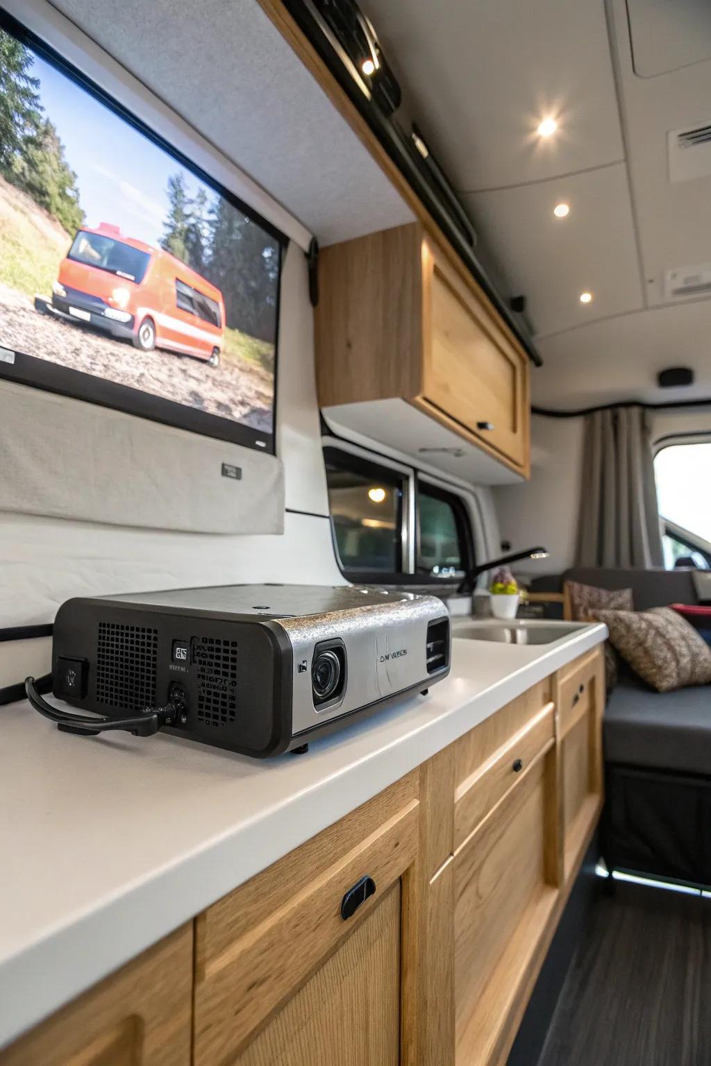 Transform your camper van into a cinematic escape with a portable projector—movie nights just got a whole lot cozier.