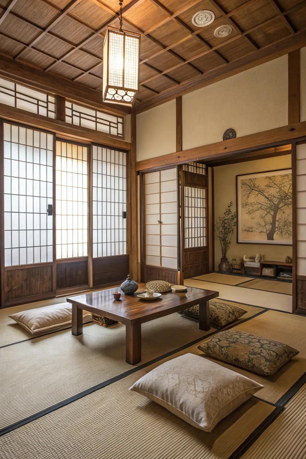 Textured walls with washi paper add subtle sophistication to this space.