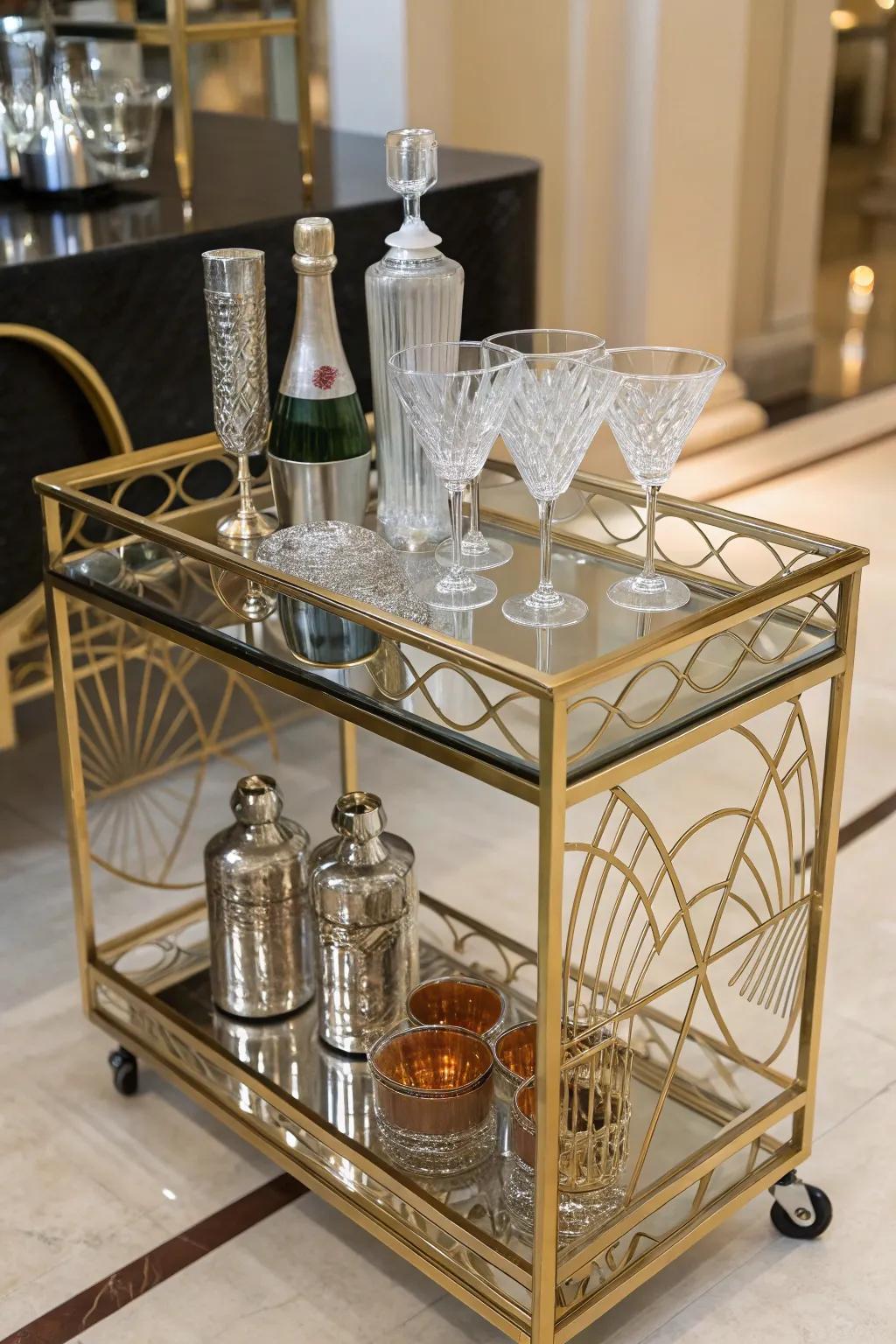 A stylish bar cart is a sophisticated nod to speakeasy culture.