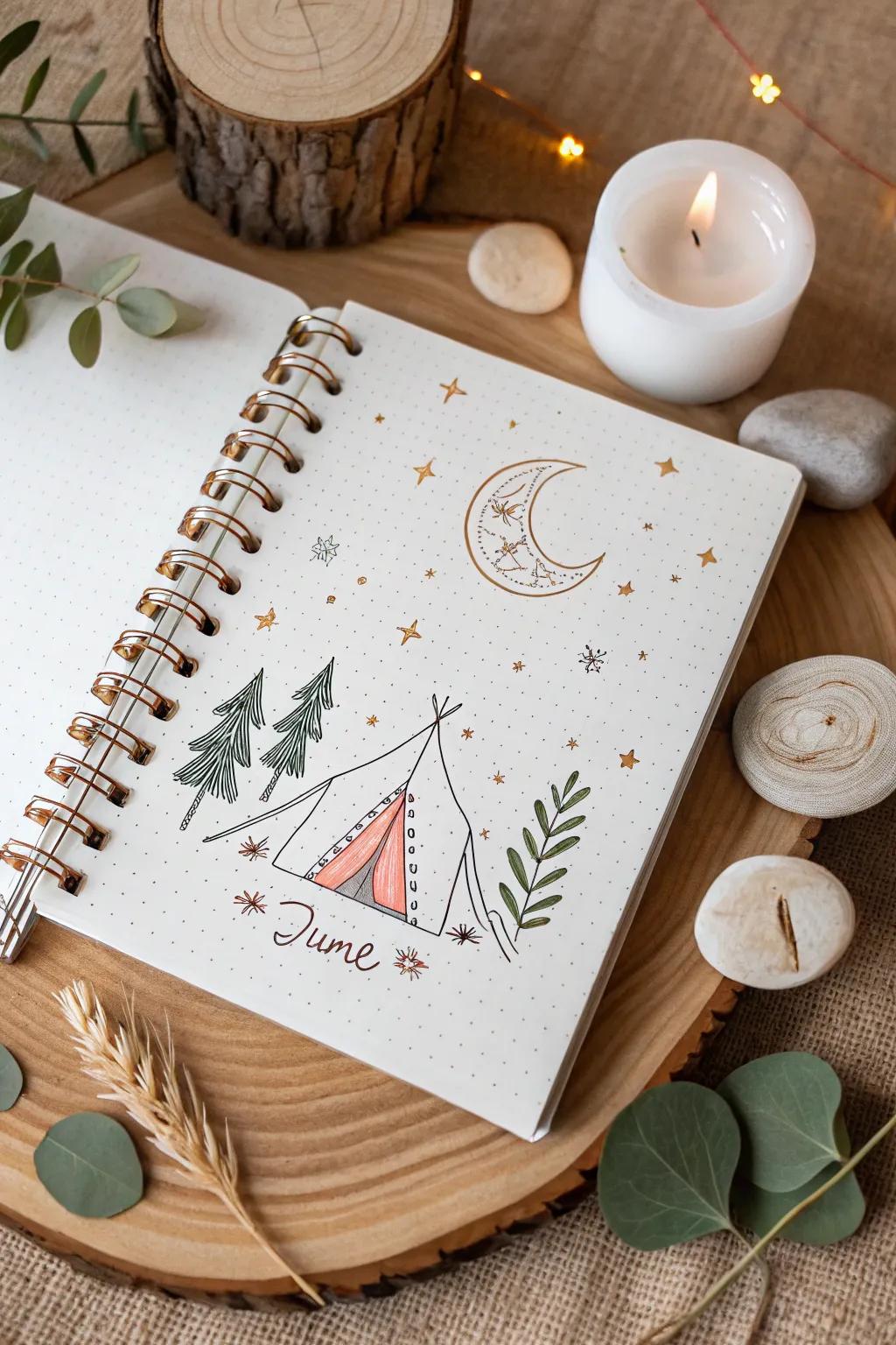 Embrace the nostalgia of summer adventures with this retro camp-inspired journal cover. Perfect for adding a touch of wanderlust to your June pages!