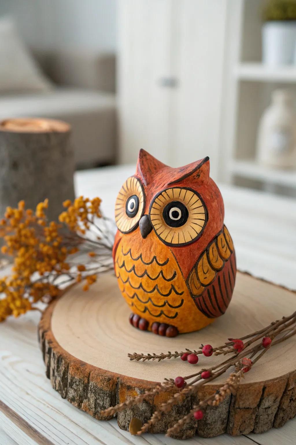 Whimsical Charm: This delightful clay owl adds a touch of autumn magic to your home decor.