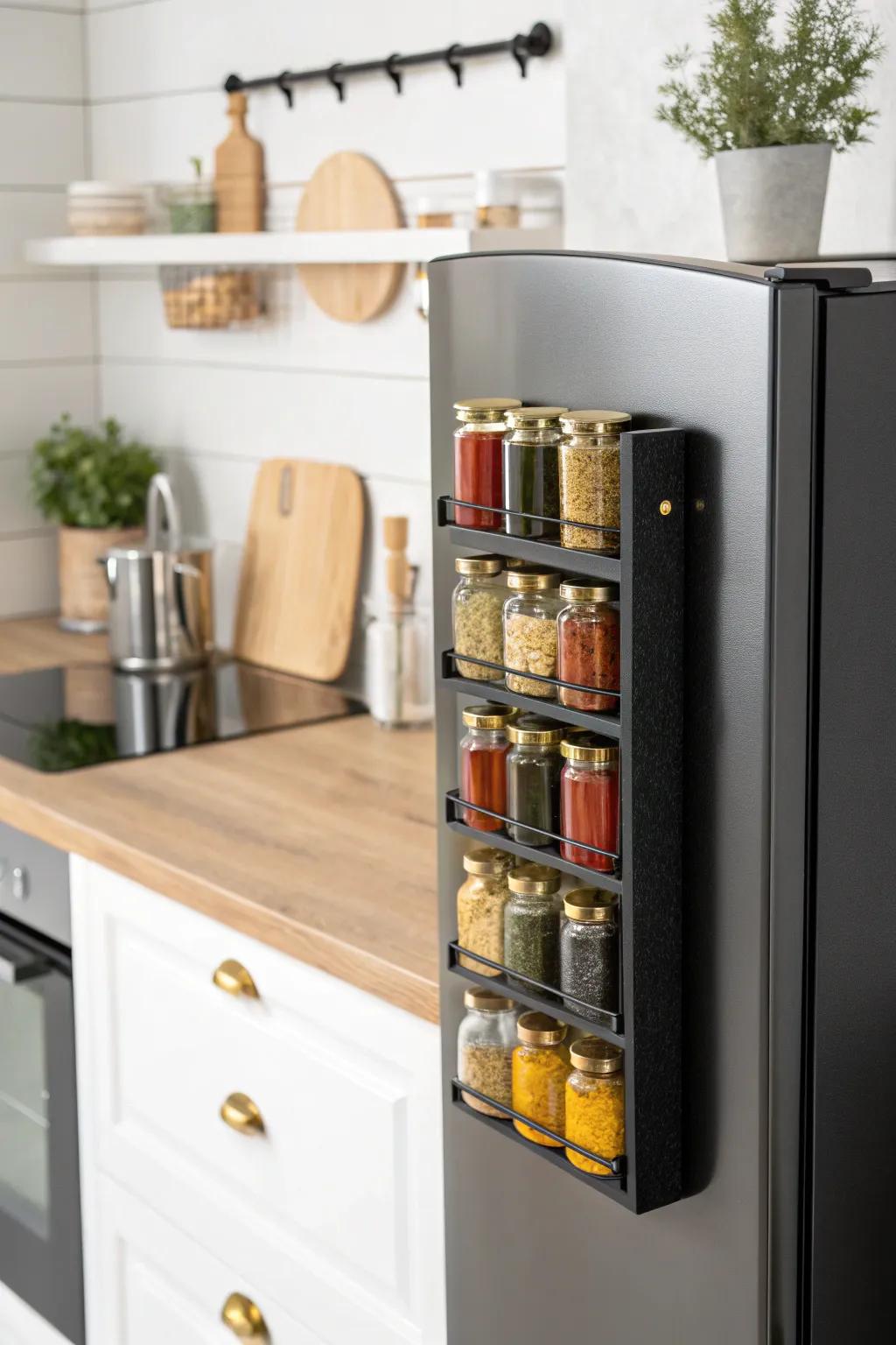Elevate your kitchen space with a chic, magnetic spice rack that's both stylish and practical!