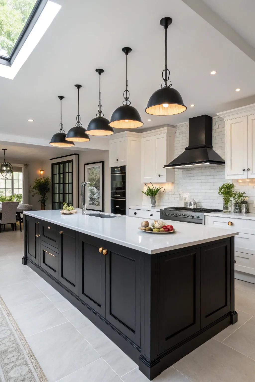 A black kitchen island creates a bold and dramatic focal point in the contemporary kitchen.