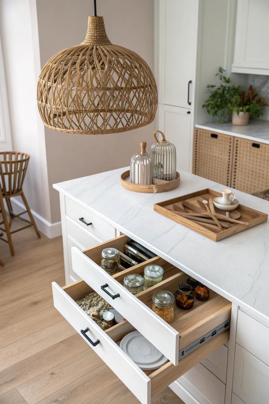 Elevate your kitchen island with hidden pull-out drawers for a clutter-free, chic space.