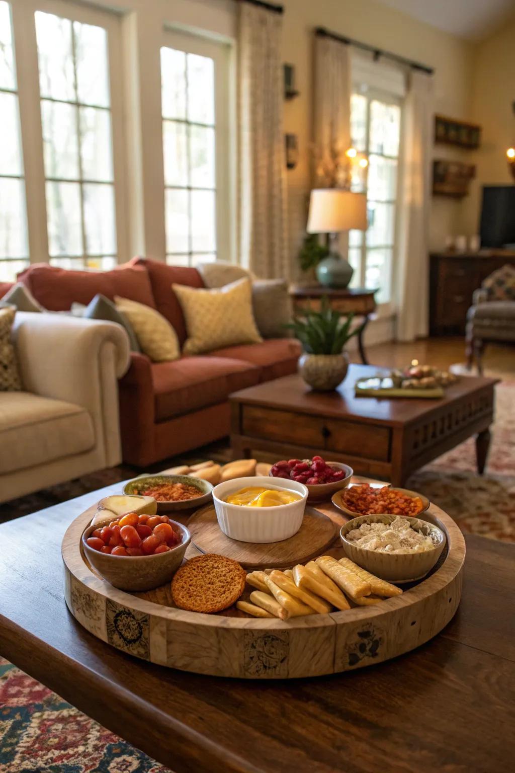A fun snack station with a lazy susan, perfect for entertaining guests.