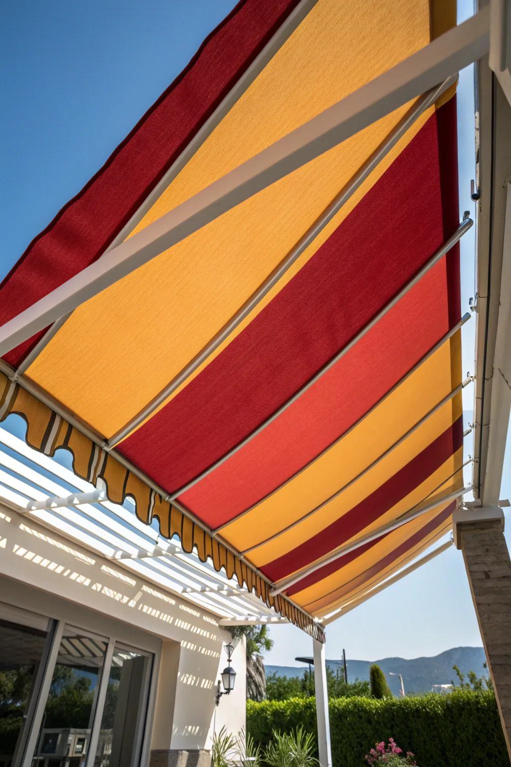 Elevate your patio with a vibrant, weatherproof fabric awning—where durability meets style.