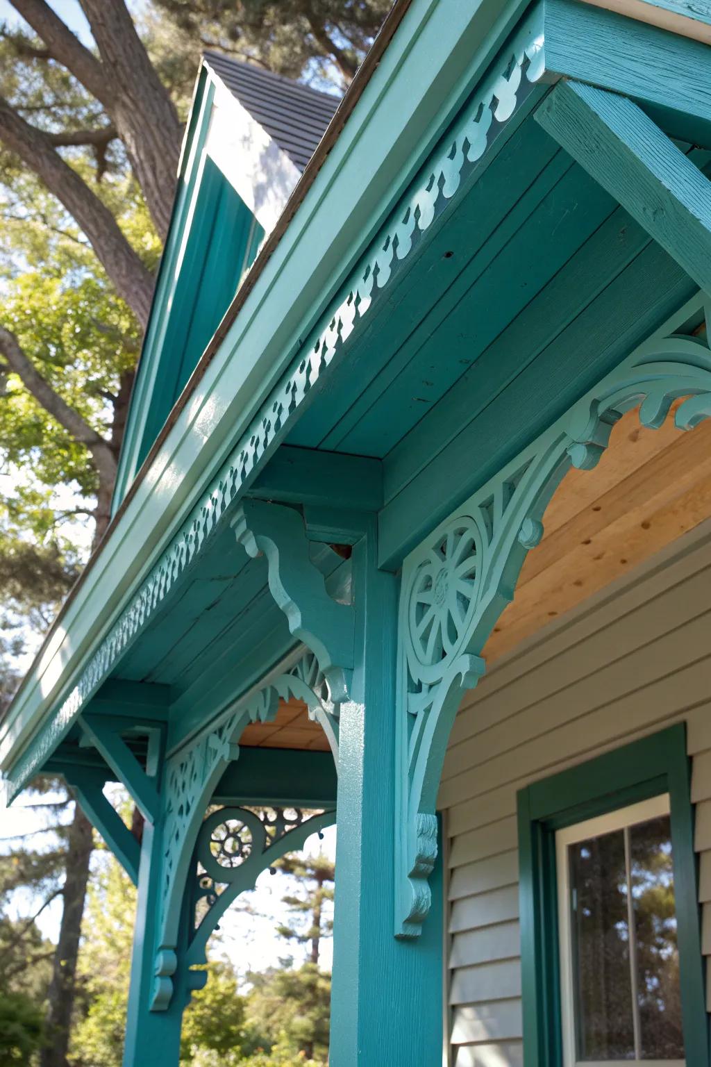 Make a statement with a bold teal porch roof that showcases exceptional craftsmanship.
