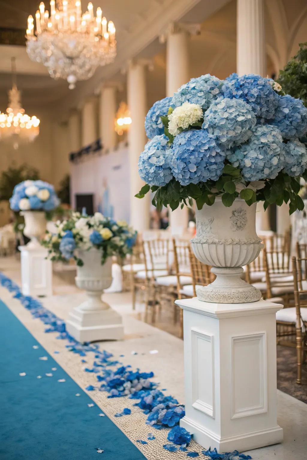 Dramatic urns filled with blue hydrangeas.