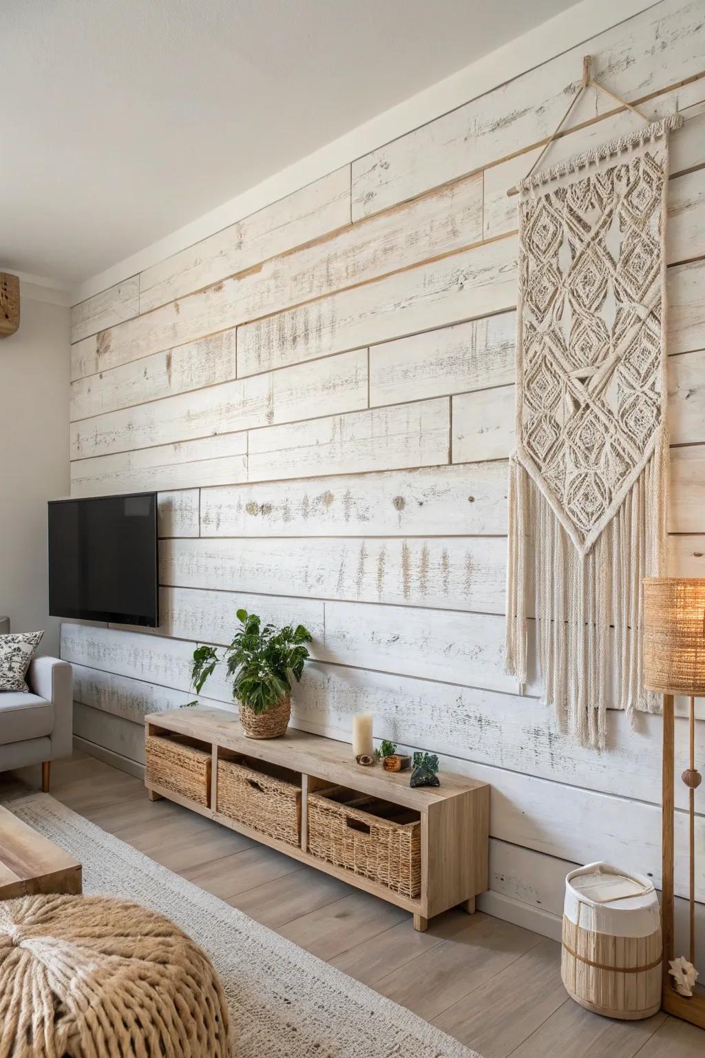 Embrace serenity and style with a warm whitewashed pallet wall, perfect for a minimalist haven.