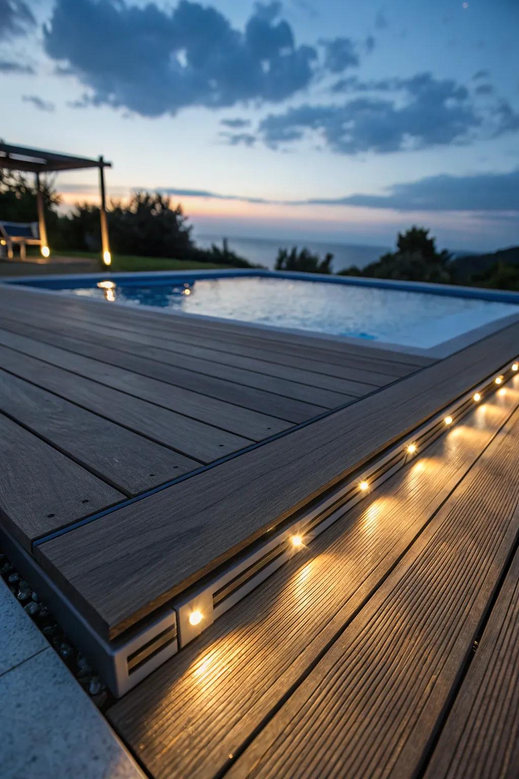Illuminate your evenings with eco-friendly charm: a handcrafted floating deck featuring integrated solar lighting for a sustainable glow.