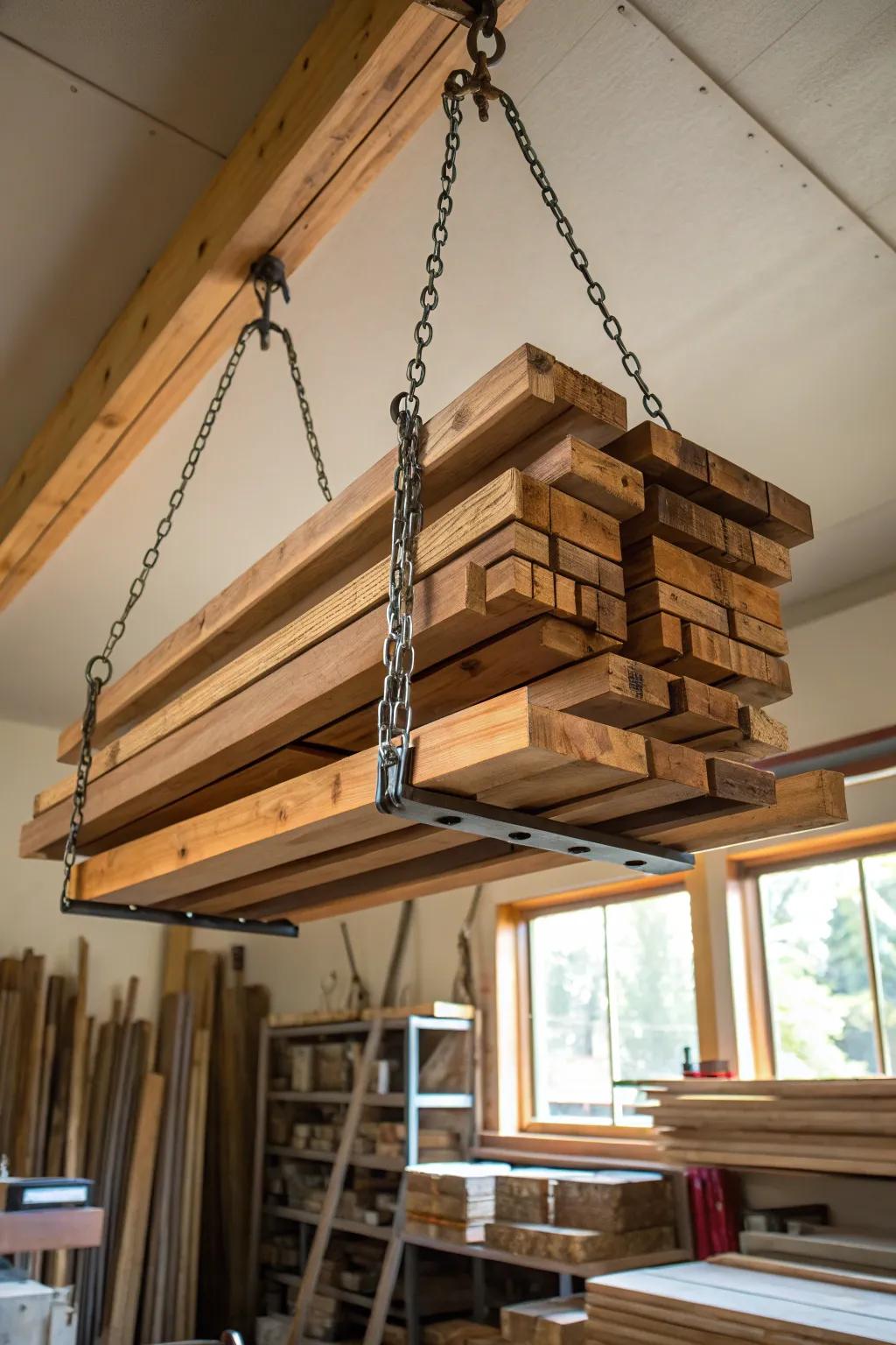 Elevate your workshop with innovative suspended lumber storage that combines style and function.