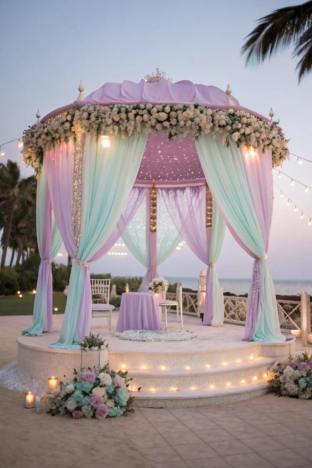 Pastel colors create a serene and dreamy atmosphere in a mandap.