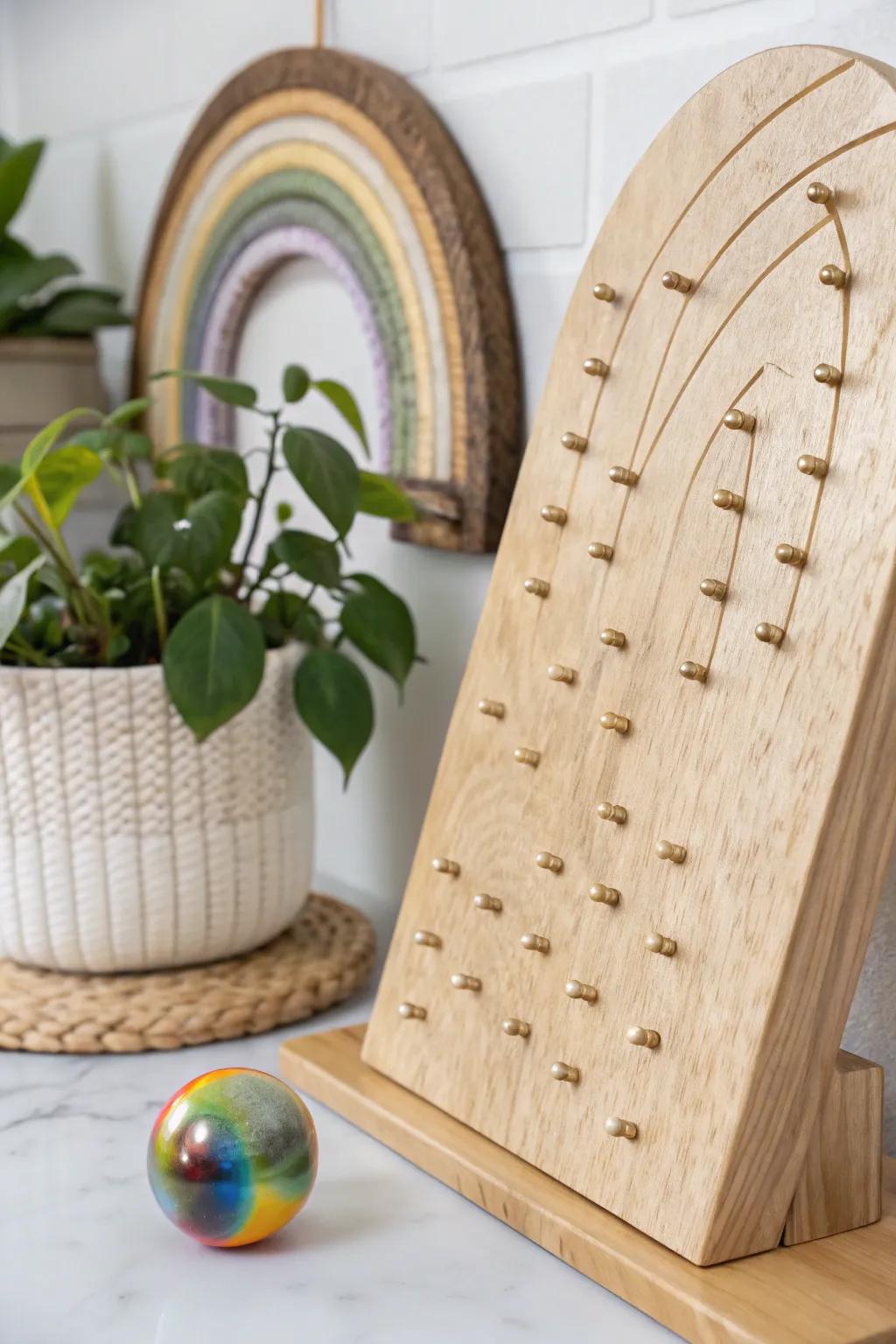 A touch of playful elegance: handcrafted Plinko-style marble drop in Scandinavian charm.