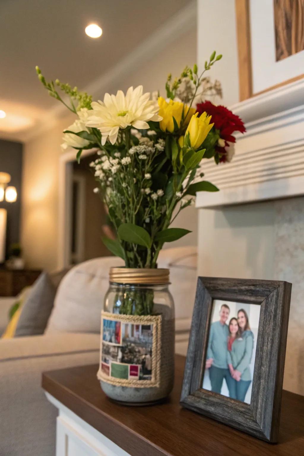 Combine memories and blooms with photo frame mason jars.