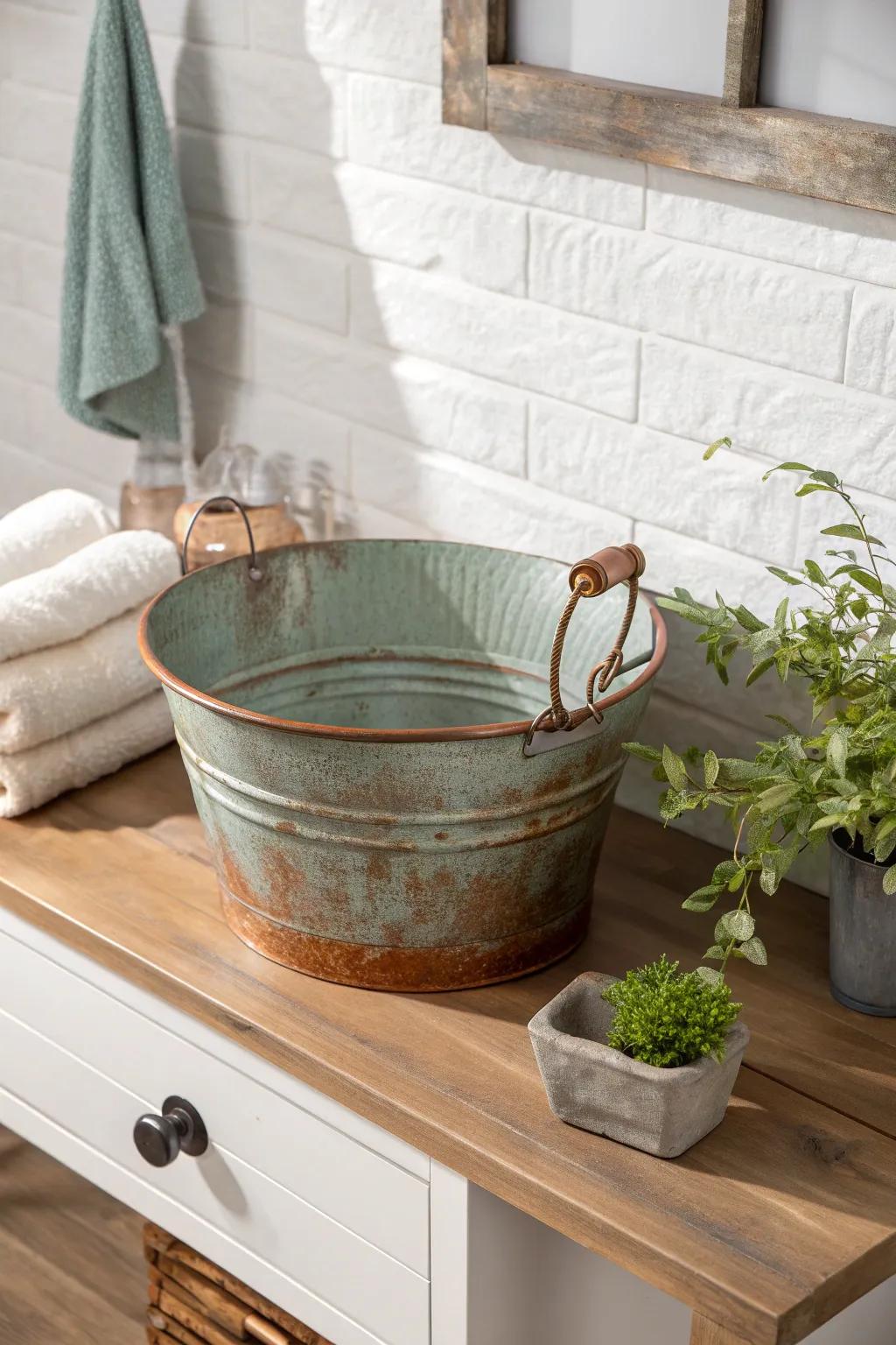 Transform your bathroom with a vintage-inspired metal bucket sink, where rustic charm meets minimalist elegance.