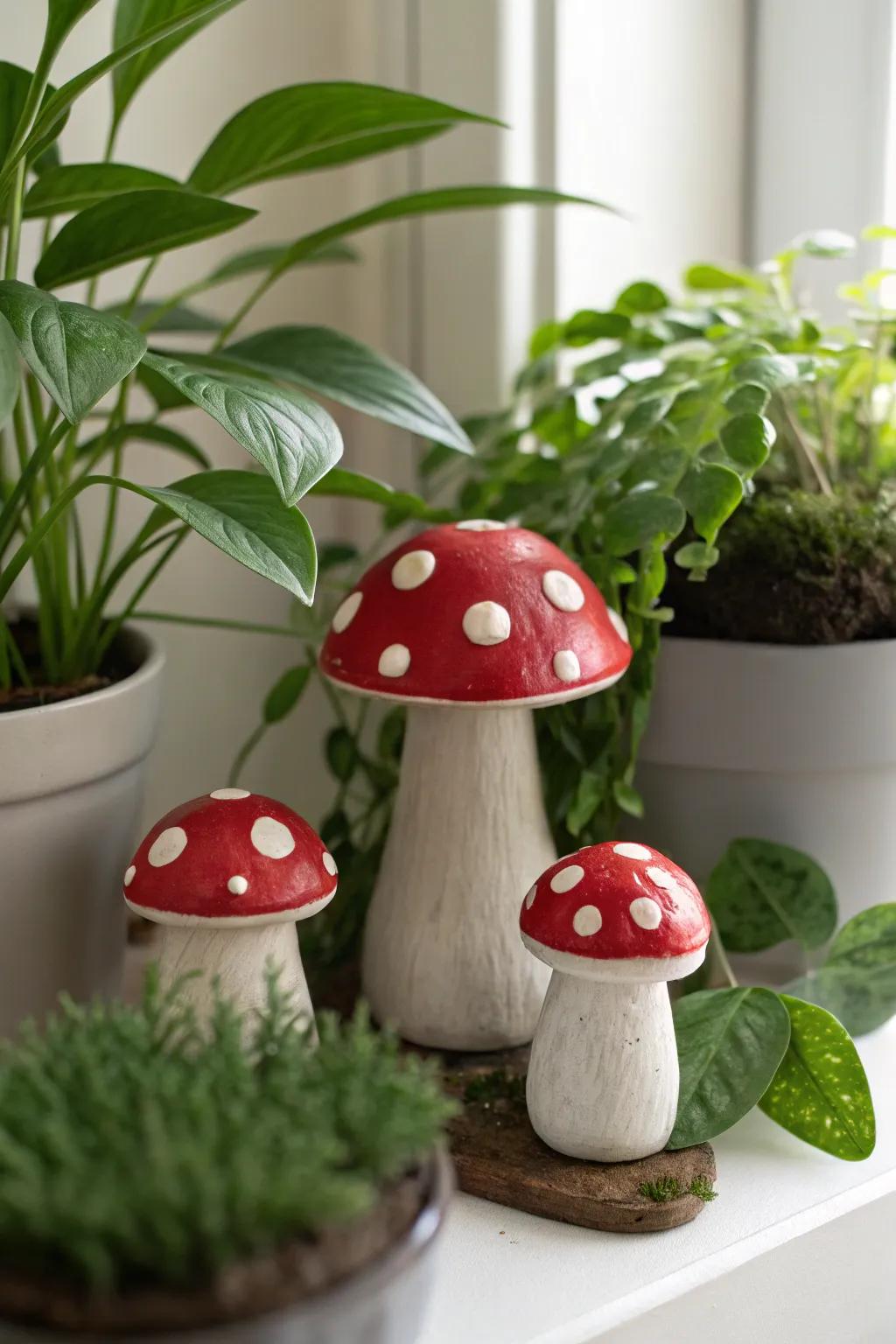 Add a touch of whimsy to your indoor oasis with handcrafted miniature clay mushrooms.