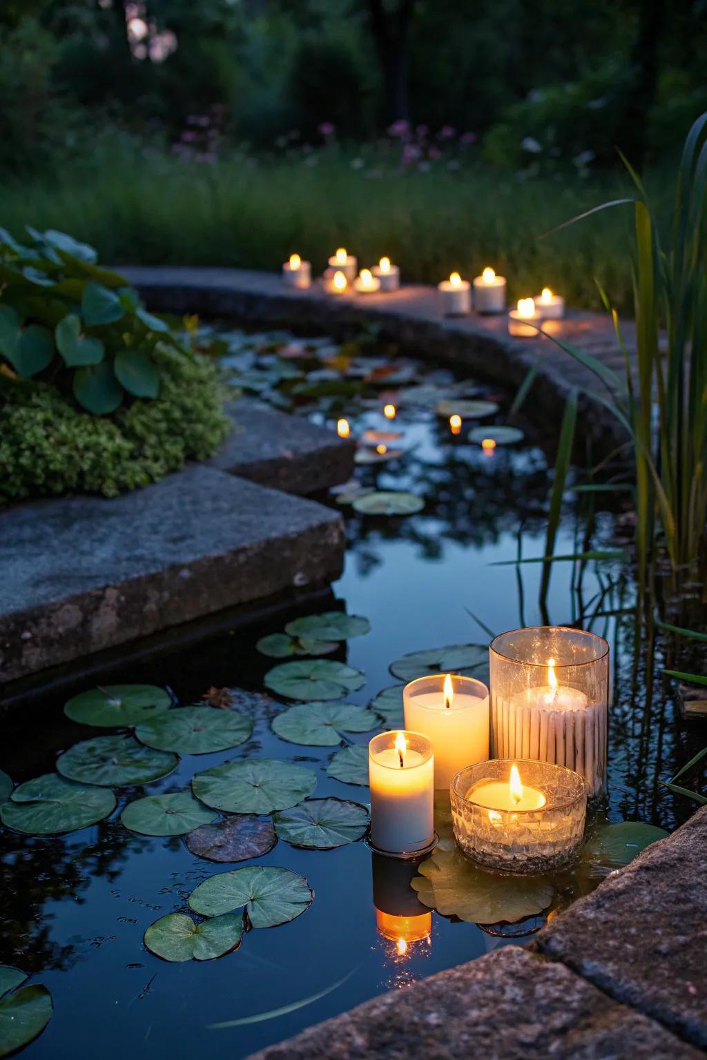 Transform your mini pond into a magical oasis with the warm glow of floating candles.
