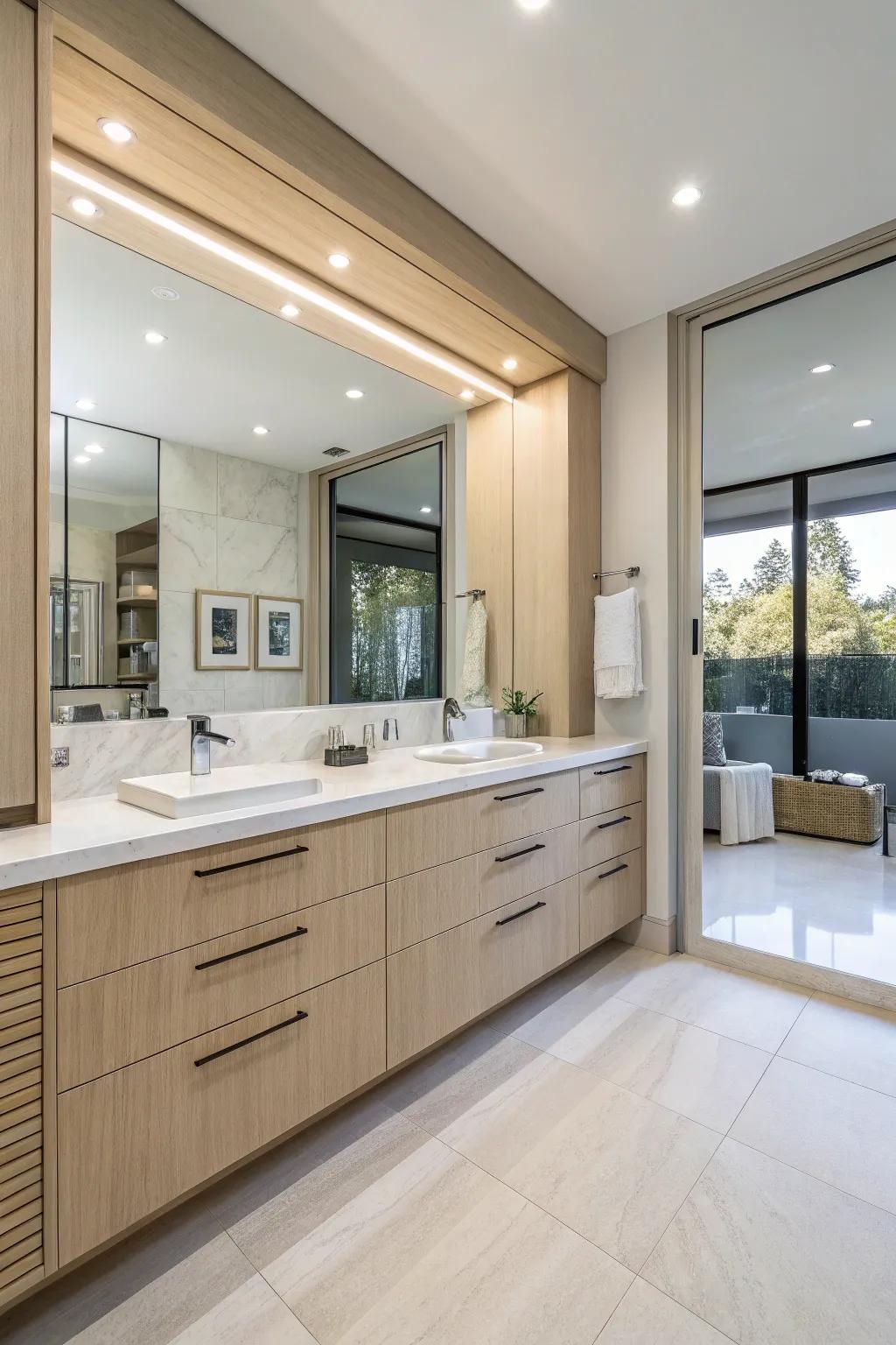 Light-colored cabinets create an illusion of spaciousness in modern bathrooms.