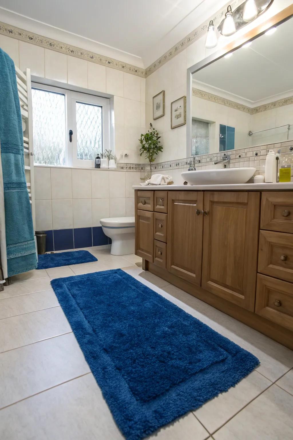 A deep blue rug adds warmth and comfort to the floor of this modern bathroom.