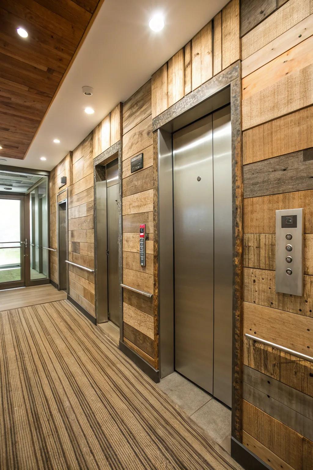 An eco-friendly elevator interior featuring sustainable materials.