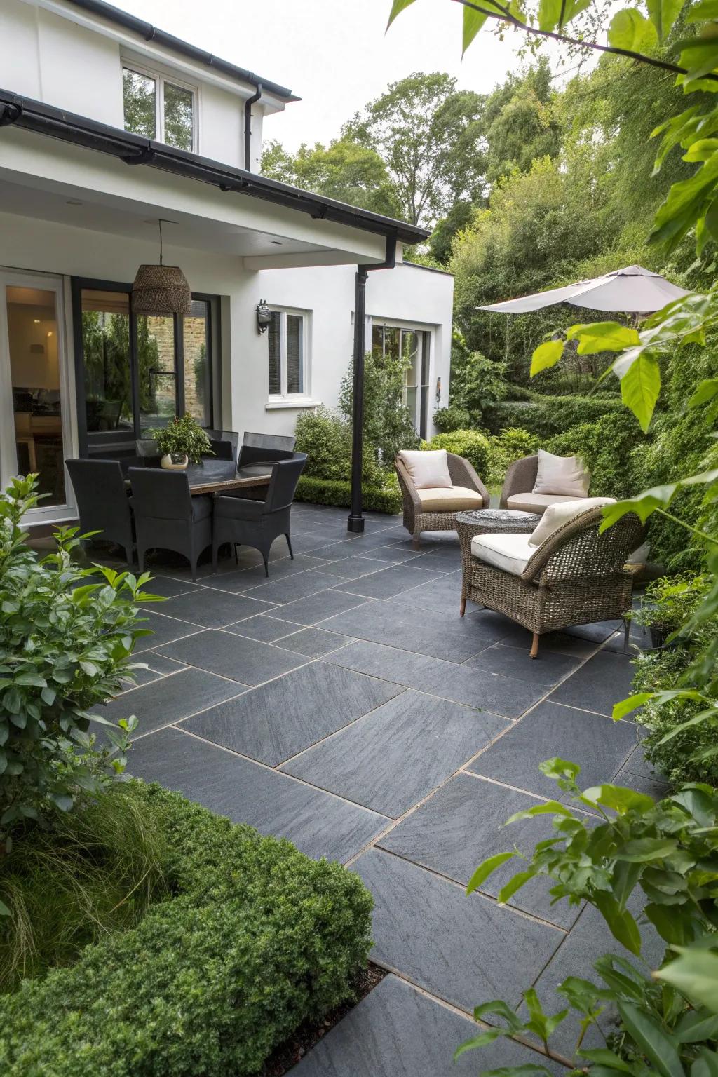 Slate tiles add elegance and depth to patios.