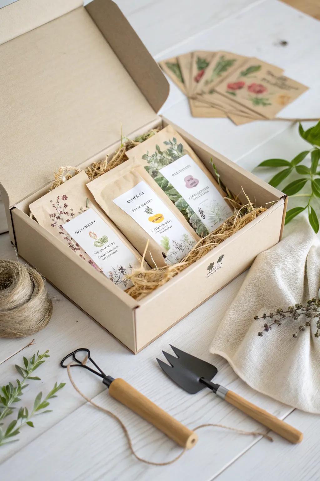 Delight the gardening mom with a box full of heirloom seeds and artisanal tools, a perfect blend of simplicity and natural beauty.