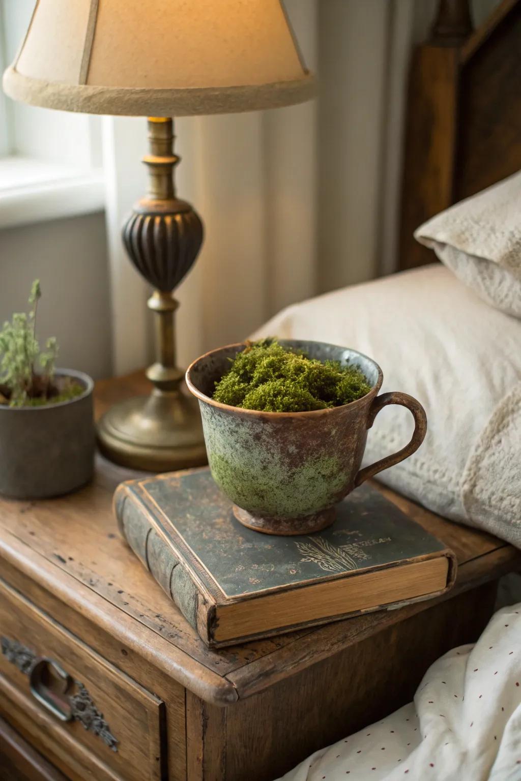 A vintage cup turned into a quaint moss garden.