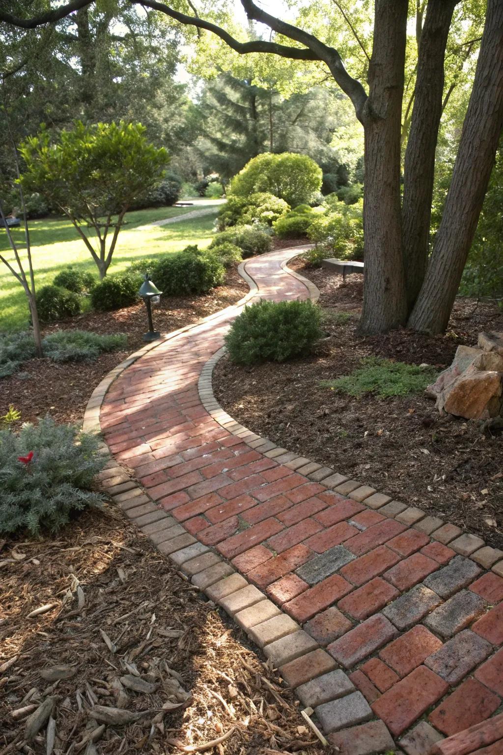 Timeless elegance: a mulch pathway framed with classic brick borders.