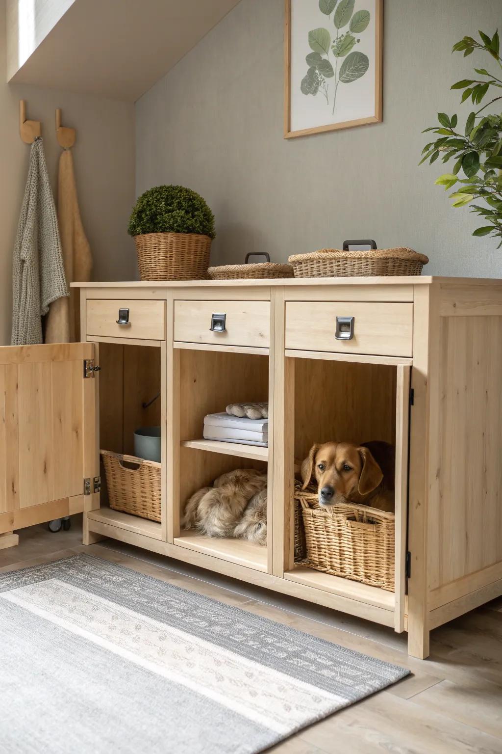 Organized elegance: Dual dog kennels with a touch of Scandinavian charm and boho flair, perfect for your furry friends and their essentials.