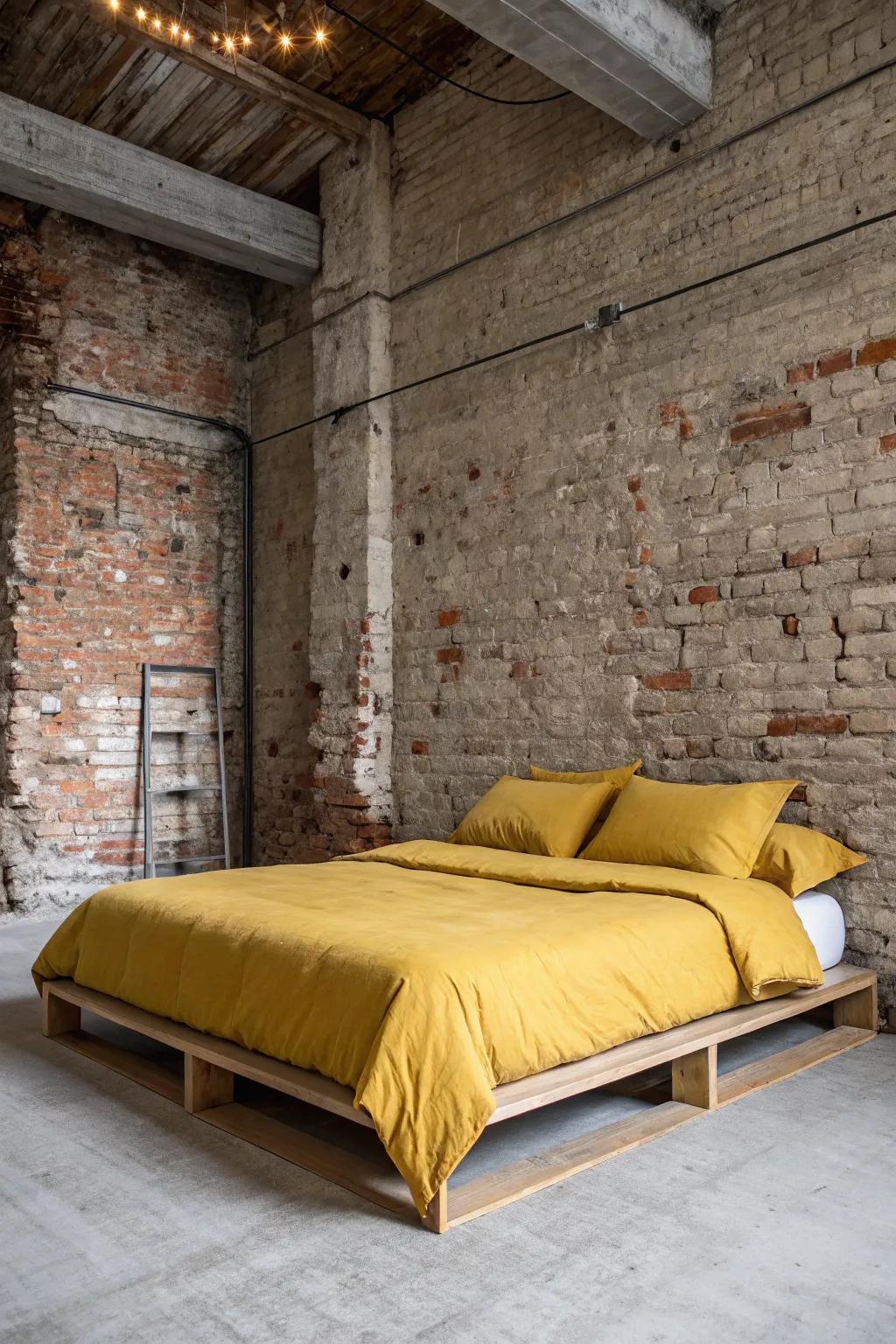 An industrial chic bedroom featuring mustard bedding and raw textures.