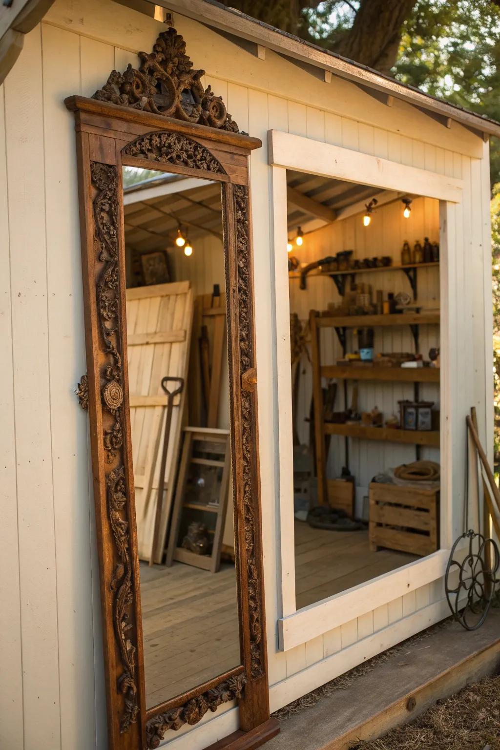 Expand your shed's horizons: A vintage mirror to enhance space and style.
